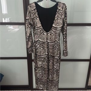 Sequined Black and Rose Gold Deep V Mini Dress